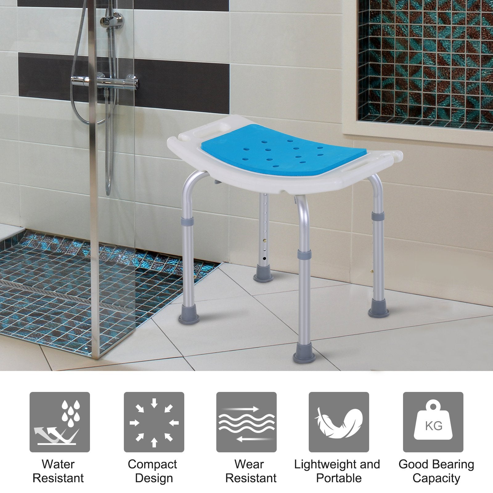 Adjustable Bath Stool Spa Shower Chair Non-Slip w/ Shower Hole